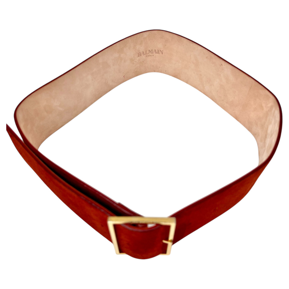 Balmain Paris Suede Leather Waist Belt Rust Red Gold Buckle Size 36 fits S NWOT - Picture 4 of 7